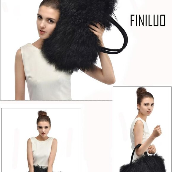 Women Luxury Real Lamb Mongolian Flush Wool Fur With Genuine Leather Handles Han - Picture 7 of 9